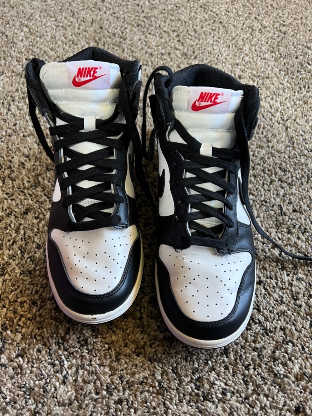 Nike Black and White Dunks with Red Logo